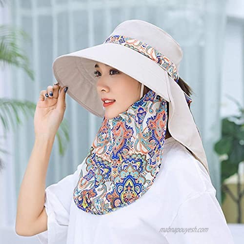 Women Summer Hat Garden Travel Sun Wide Brim UV Protection Fishing Hats Foldable Ponytail Detachable Flap