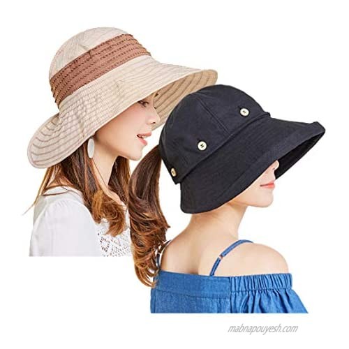 Women Sun Hat 2Pack-UV Protection Wide Brim Visor Ponycaps Foldable Cap with Chin Cord