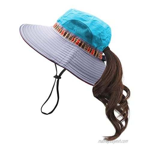 Women's Outdoor Summer Mesh Wide Brim Sun UV Protection Hat with Ponytail Hole Safari Fishing Cap Fishing Hat