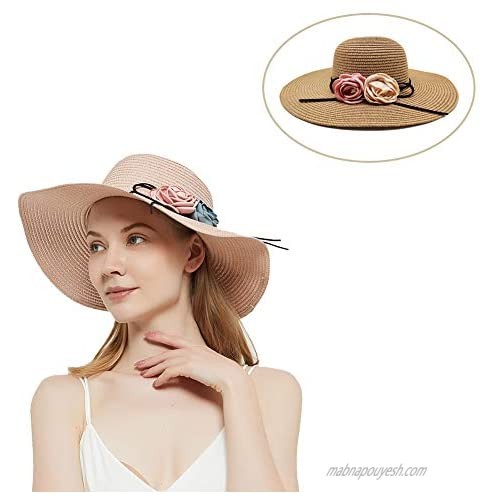 Women's Straw Summer Brown Sun Hat with Decorative Flowers Wide Brim Foldable Roll Up Sunhat for Women Teens Accessories Beach Travel Outfit Outdoor Activities