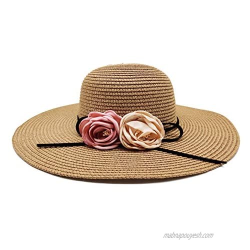 Women's Straw Summer Brown Sun Hat with Decorative Flowers Wide Brim Foldable Roll Up Sunhat for Women Teens Accessories Beach Travel Outfit Outdoor Activities