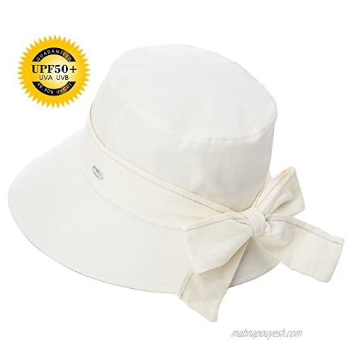 Womens UPF50+ Summer Sunhat 100% Cotton Bucket Crushable Sun Hats w/Chin Cord Beige