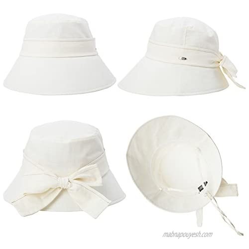 Womens UPF50+ Summer Sunhat 100% Cotton Bucket Crushable Sun Hats w/Chin Cord Beige