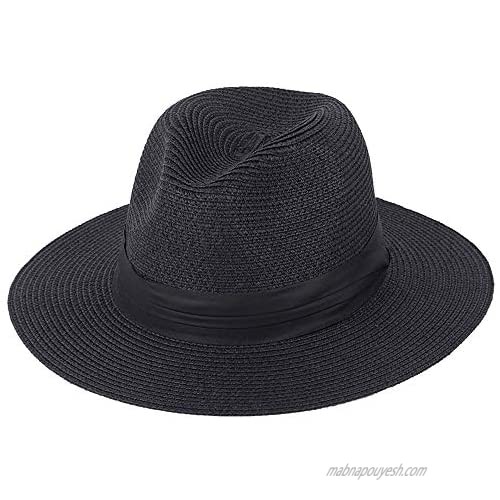 XIAOSHI Girl Women Wide Brim Straw Panama Roll up Hat Lace Leopard Belt Fedora Hats Summer Beach Sun Hat UPF50+
