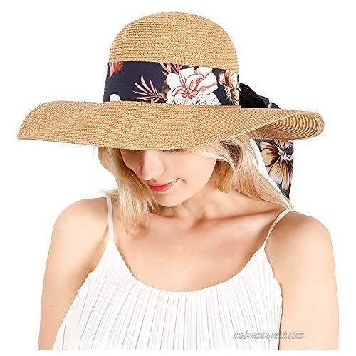 Zeelink Women Wide Brim Straw Hat Foldable Floppy Beach Hat UV Protection