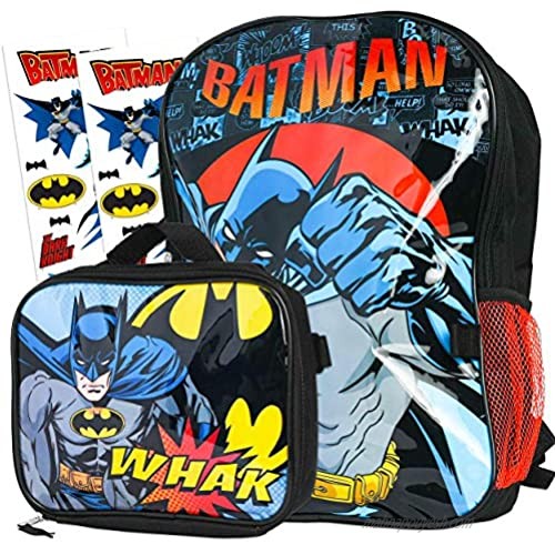 Batman Backpack and Lunch Box Set for Kids ~ Deluxe 16" Batman Backpack with Insulated Lunch Bag and Stickers (Batman School Supplies Bundle)