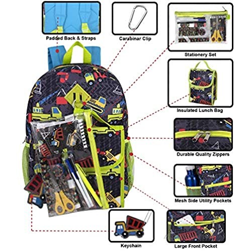 Boys Construction Trucks Backpack with Lunch Bag and School Supplies Bundle for Boys for Preschool Kindergarten Elementary School