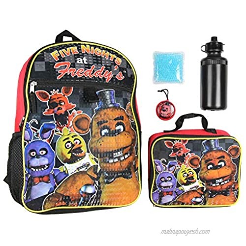 Five Nights At Freddy's 16" Backpack Lunch Box Water Bottle Lunch Kit -5 Piece Set