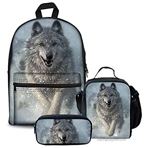 FOR U DESIGNS Backpack Junior Boys Girls Middle School Bags Set with Lunch Box Pencil Holder Wolf Face