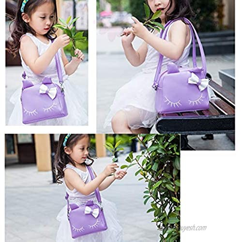 Hipiwe Little Girl Purse PU Leather Cute Cat Ears Purse Fashionable Kids Handbag Crossbody Bag Toddlers Shoulder Bags Mini Backpack Bags with Bowknot for Children (Purple Cat)