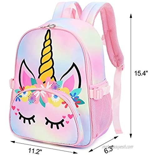 Kids Backpack Girls School Backpack Unicorn Preschool Kindergarten BookBag with Chest clip (Tie Dye headband unicorn)