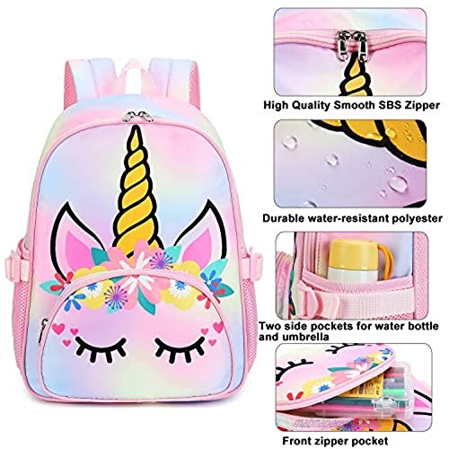 Kids Backpack Girls School Backpack Unicorn Preschool Kindergarten BookBag with Chest clip (Tie Dye headband unicorn)
