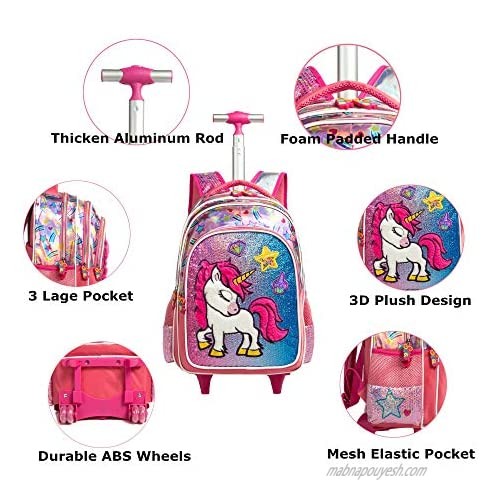 Meetbelify 3Pcs Rolling Backpack for Girls with Lunch Bag Pencil Case School Bags Wheeled Backpack (06 Plush Unicorn)