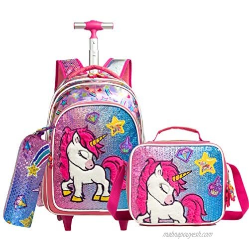 Meetbelify 3Pcs Rolling Backpack for Girls with Lunch Bag Pencil Case School Bags Wheeled Backpack (06 Plush Unicorn)