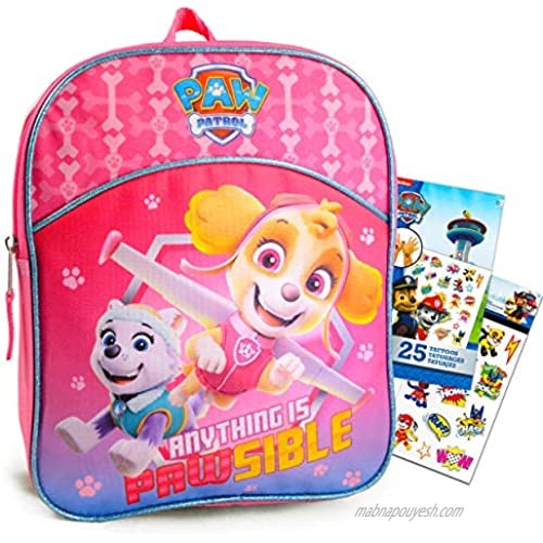 Paw Patrol Backpack for Girls Bundle ~ Premium 11" Skye Paw Patrol Mini School Bag for Toddlers with Stickers and Tattoos (Paw Patrol School Supplies)