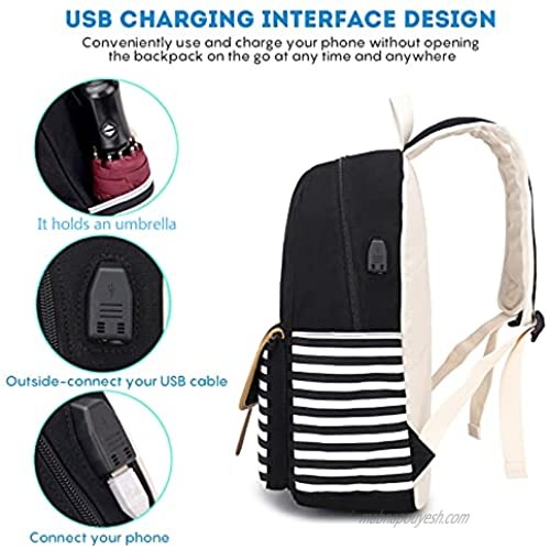 Pawsky Canvas Backpack School Backpack for Teen Girls/Women Cute College Bookbag Set Shoulder Bag Lunch Bag Pencil Bag Black