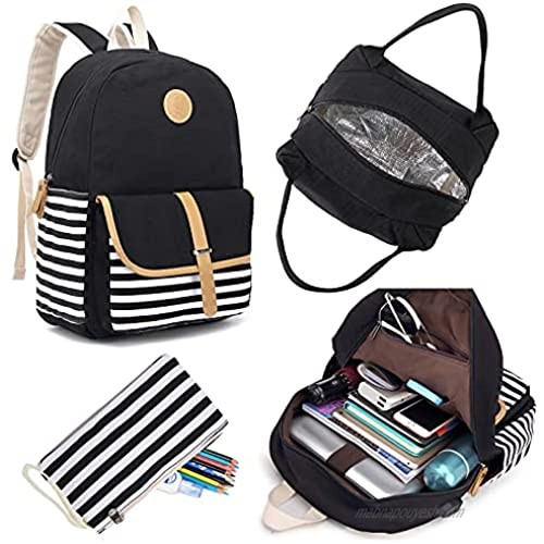 Pawsky Canvas Backpack School Backpack for Teen Girls/Women Cute College Bookbag Set Shoulder Bag Lunch Bag Pencil Bag Black