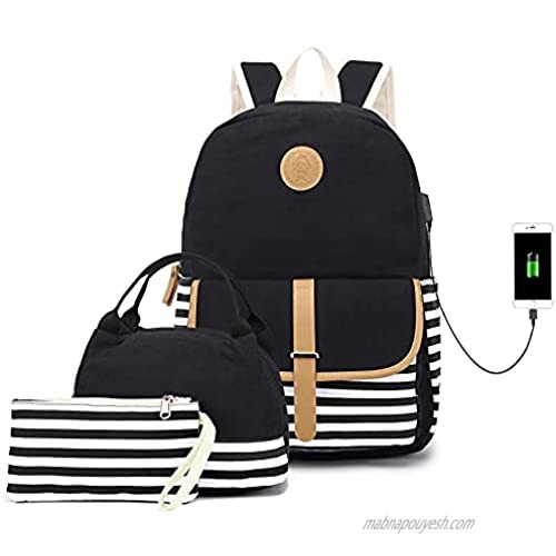 Pawsky Canvas Backpack  School Backpack for Teen Girls/Women  Cute College Bookbag Set Shoulder Bag Lunch Bag Pencil Bag  Black