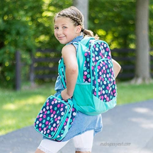 Reinforced Water Resistant School Backpack and Insulated Lunch Bag Set - Teal Navy Party Polka Dot