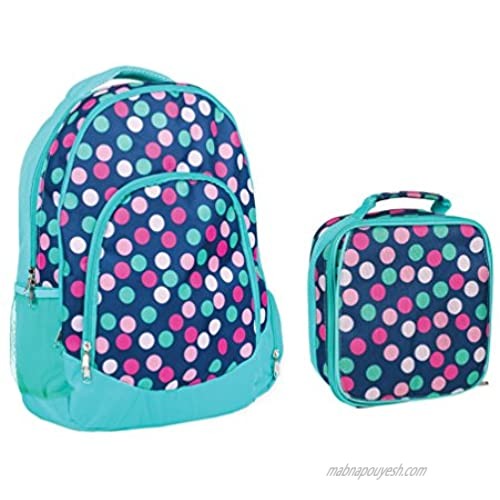 Reinforced Water Resistant School Backpack and Insulated Lunch Bag Set - Teal Navy Party Polka Dot