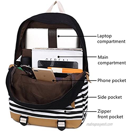 School Backpack Set Students Casual Travel School Bookbag Teens Girls Boys Schoolbag (Black strip-3pcs)