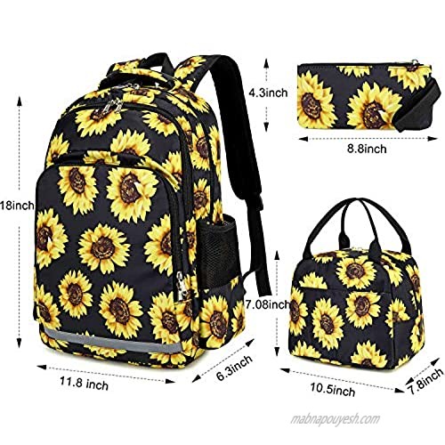 School Backpacks Girls Sunflower Bookbag Water-resistant Schoolbag Kids Insulation Lunch bag and Pencil case (Sunflower - Black)