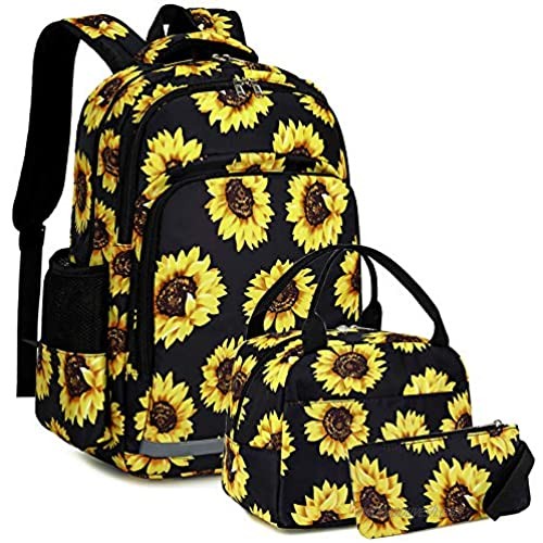 School Backpacks Girls Sunflower Bookbag Water-resistant Schoolbag Kids Insulation Lunch bag and Pencil case (Sunflower - Black)