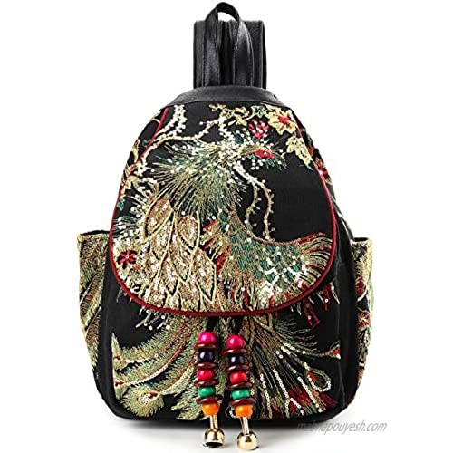 Vintage Phoenix Sequins Embroideried Women Backpack Daypack Travel Shoulder Bag