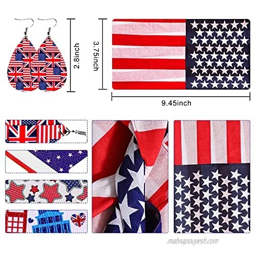 10 Pieces 4th of July Independence Day Accessories Included 2 Pieces American Flag Headband Bandanas 4 Pairs USA Flag Faux Leather Earrings Patriotic Headband Earrings Set for Parade Party Supply