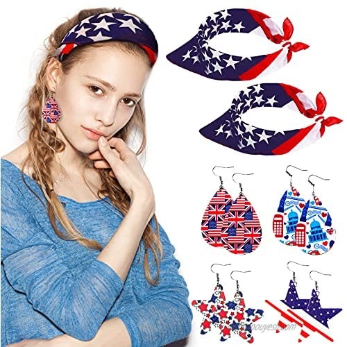 10 Pieces 4th of July Independence Day Accessories  Included 2 Pieces American Flag Headband Bandanas 4 Pairs USA Flag Faux Leather Earrings Patriotic Headband Earrings Set for Parade Party Supply