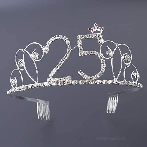 25th Birthday Tiara Crystal Rhinestone Birthday Crown Headband Hair Band with Hair Combs Clip (Updated Version)