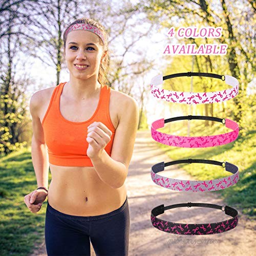 4 Pieces Breast Cancer Headbands for Women Elastic Adjustable No Slip Pink Ribbon Hairband Cancer Awareness Hair Accessories Sweatband