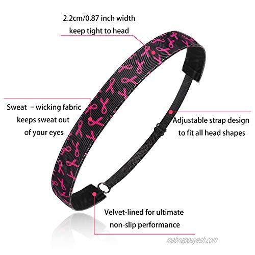 4 Pieces Breast Cancer Headbands for Women Elastic Adjustable No Slip Pink Ribbon Hairband Cancer Awareness Hair Accessories Sweatband