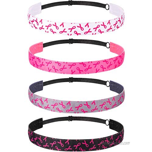 4 Pieces Breast Cancer Headbands for Women  Elastic Adjustable No Slip Pink Ribbon Hairband Cancer Awareness Hair Accessories Sweatband