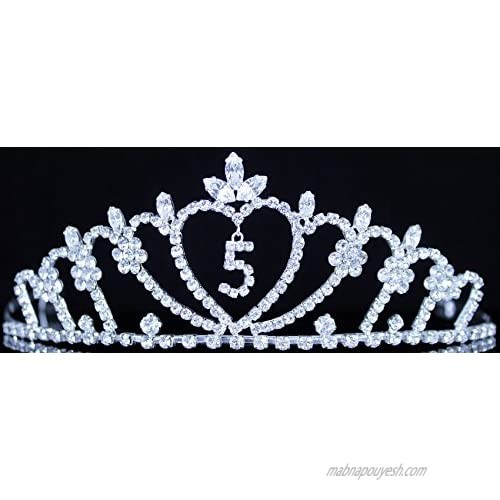 5 Years Old Four Five-Year-Old Rhinestone Tiara Crown With Hair Combs Princess Headband Headpiece Girl's 4th 5th Birthday Party T816 (#5 Silver)