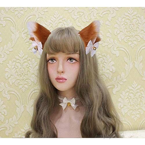 Beautiful Masquerade Halloween Cat Ears Cosplay Cat Ear Party Costume Bow Tie Bell Headwear Headband Hair Accessories (Brown White)