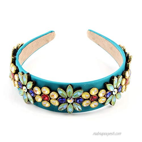 Big Colorful Crystal Flower Floral Headbands for Women New Full Cover Glass Rhinestone Palace Hairband Head Wear Jewelry Accessories (Blue)