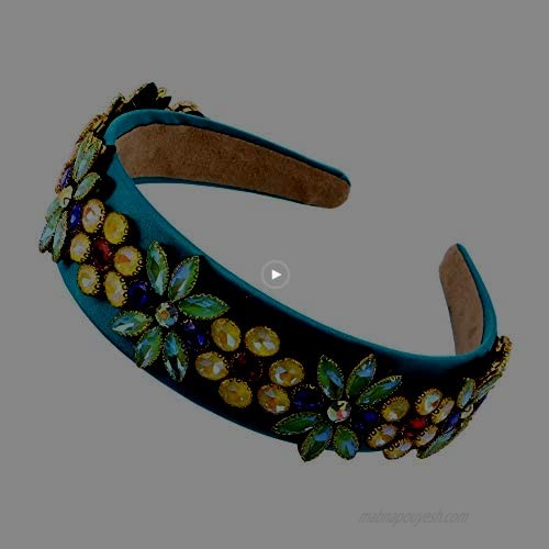 Big Colorful Crystal Flower Floral Headbands for Women New Full Cover Glass Rhinestone Palace Hairband Head Wear Jewelry Accessories (Blue)