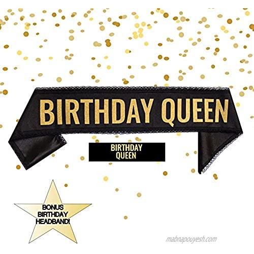 Birthday Queen SASH & Bonus Headband: Black Satin Sash with Lace Trim & Gold Glitter Letters! Bonus Soft & Stretchy Headband! Cheers!