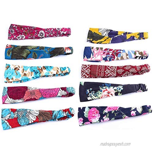 Bohend 10 Pack Boho Headbands Wide Flower Hair Band Boho Bandeau Stretchy Athletic Daily Use Hair Accessories for Women and Girls (E)
