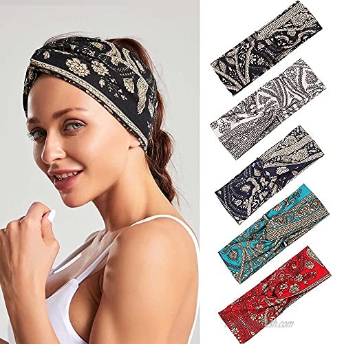 Brishow Boho Floral Stretchy Headbands Criss Cross Wide Headpiece Bohemia Style Printed Flower Fabric Head Wrap Fashion Cloth Hair Bands for Women and Girls (5 PCS)
