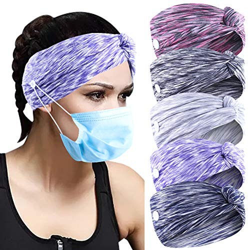 Candygirl Headband with Buttons for Face Mask Stretchy Head Wraps Nurse Headbands for Women for Yoga Running(5 Pack) (8.7"x5"  DARK Colors)