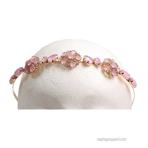 Caravan Pink Rose Design on Gold Color Metal Headband of Swarovski Rhinestone