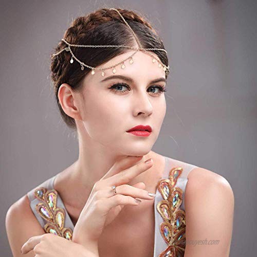 Crysly Boho Sequins Piece Chain Gold Tassel Headpiece Wedding Festival Head Chain Jewelry for Women and Girls