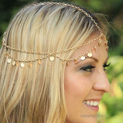 Crysly Boho Sequins Piece Chain Gold Tassel Headpiece Wedding Festival Head Chain Jewelry for Women and Girls
