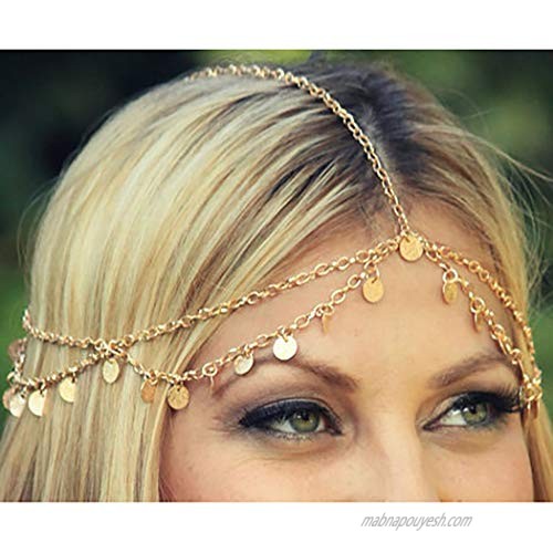 deladola Boho Layered Head Chain Gold Sequins Headpiece Vintage Beach Fashion Party Festival Multilayer Hair Accessories Jewelry for Women and Girls