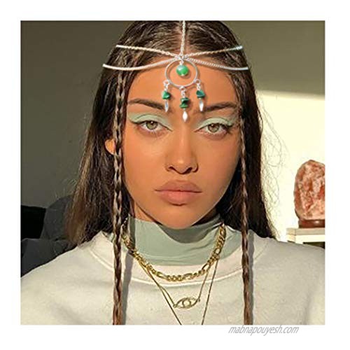 deladola Boho Layered Head Chain Silver Turquoise Pendant Headpiece Multilayer Tassel Beach Party Hair Accessories Jewelry for Women and Girls
