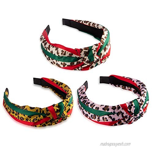 Designer Leopard Headband for Women - Red Green Twist Cross Knot Hair Hoops - Fashion Fabric Design Plastic Wide Hard Headbands for Women  Girls  Party  Christmas - 3 PCS of Pack (Stylish)