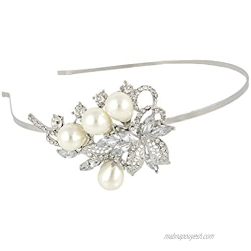 EVER FAITH Austrian Crystal Simulated Pearl Wedding Floral Leaf Vine Head Band Clear Silver-Tone