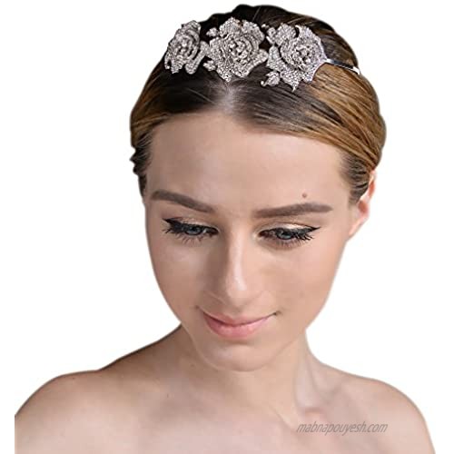 EVER FAITH Silver-Tone Austrian Crystal Romantic 3 Rose Flowers Bride Hair Head Band Clear
